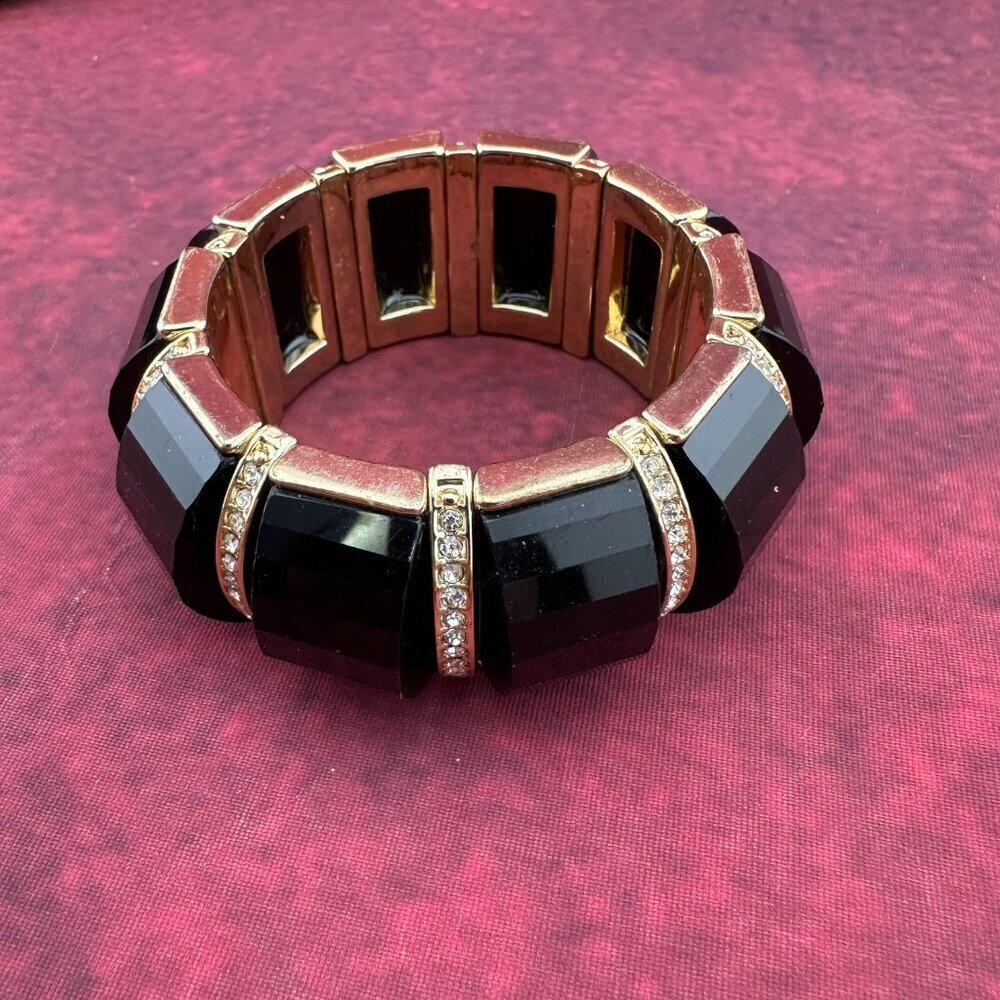 GOLD AND BLACK ENAMEL AND RHINESTONE STRETCH LINK BRACELET, - Picture 2 of 5